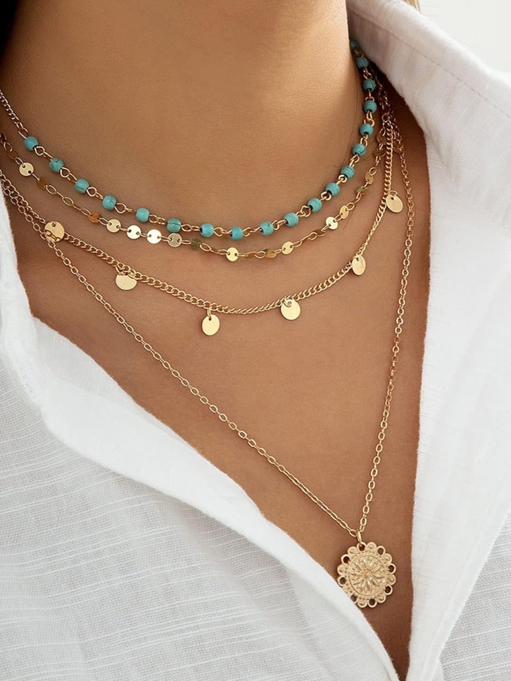 Anthropologie Gold Layered Coin Necklace with Turquoise Beads